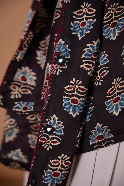 Okhai "Sapphire Hymns" Hand Embroidered MIrrorwork Handblock Printed Modal Ajrakh Kaftaan