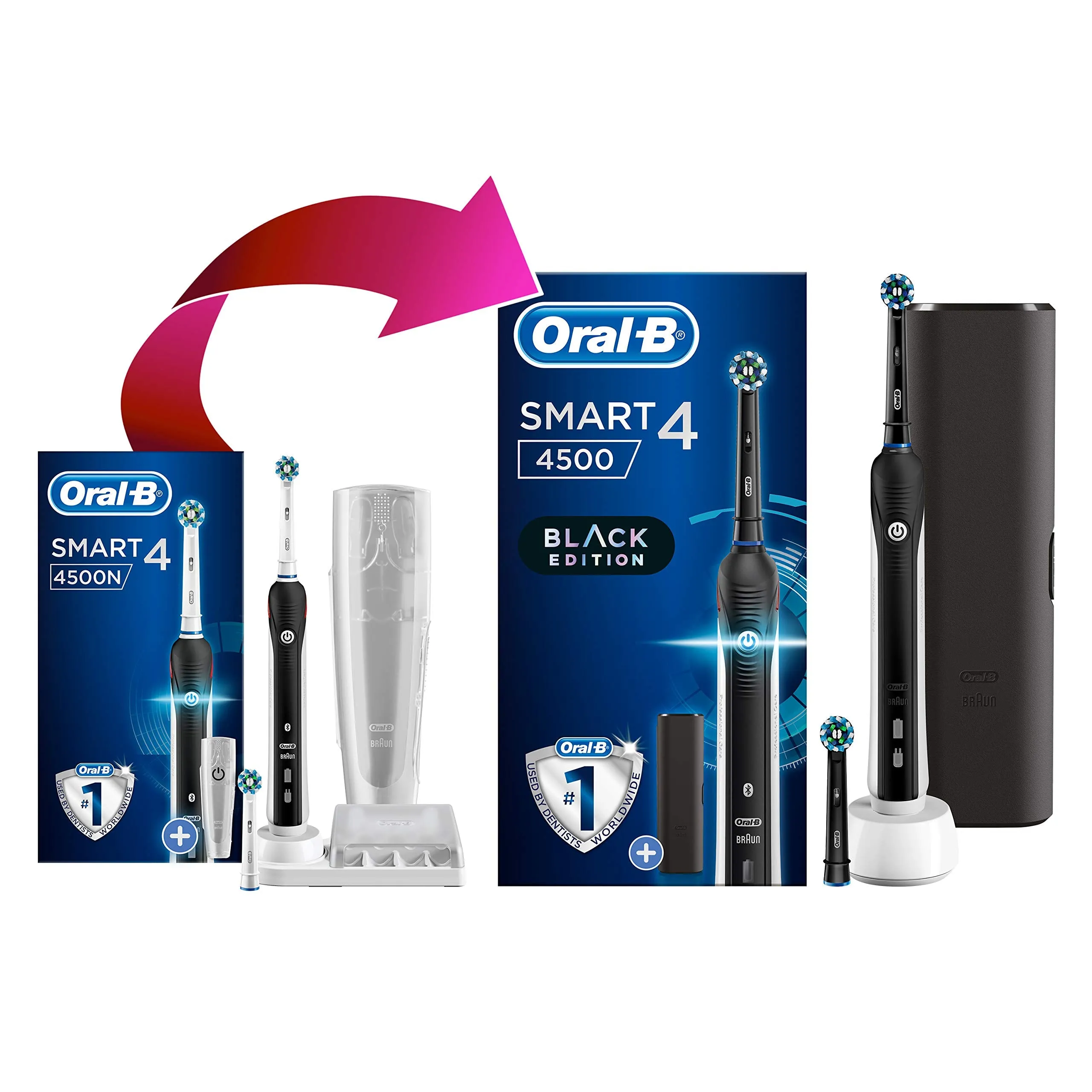 Oral-B Smart 4 4500 CrossAction Electric Toothbrush Rechargeable Powered By Braun, 1 App Connected Handle, 3 Modes, Pressure Sensor, 2 Toothbrush Heads, 1 Travel Case, 2 Pin UK Plug, Colour May Vary