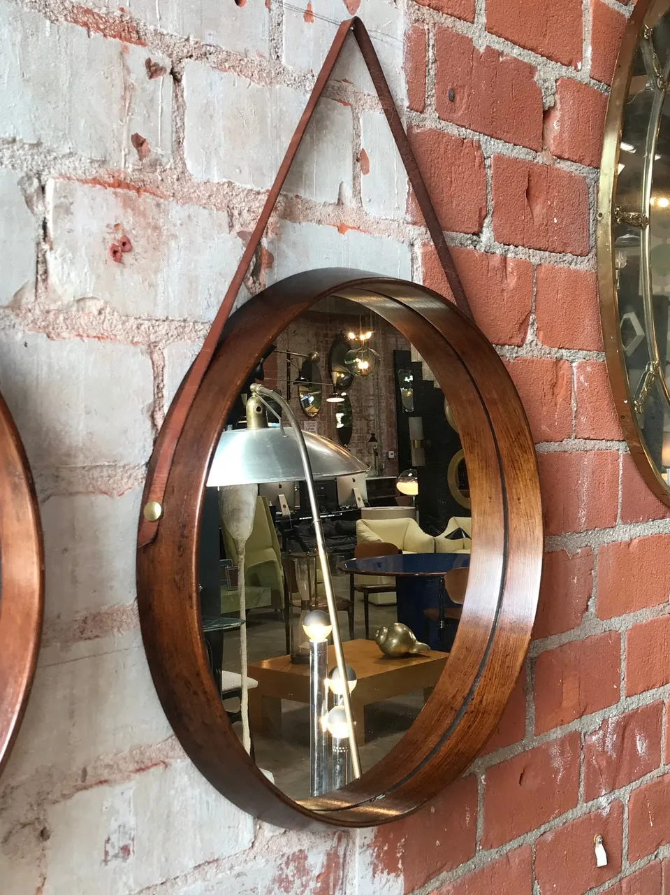 Pair of Mid-Century Teak Wall Round Mirrors. 1960s