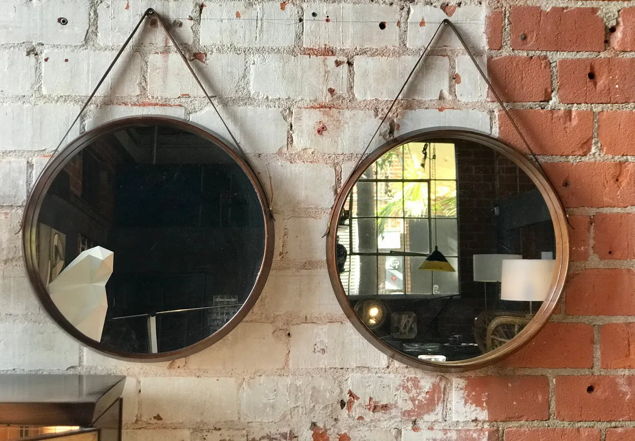 Pair of Mid-Century Teak Wall Round Mirrors. 1960s
