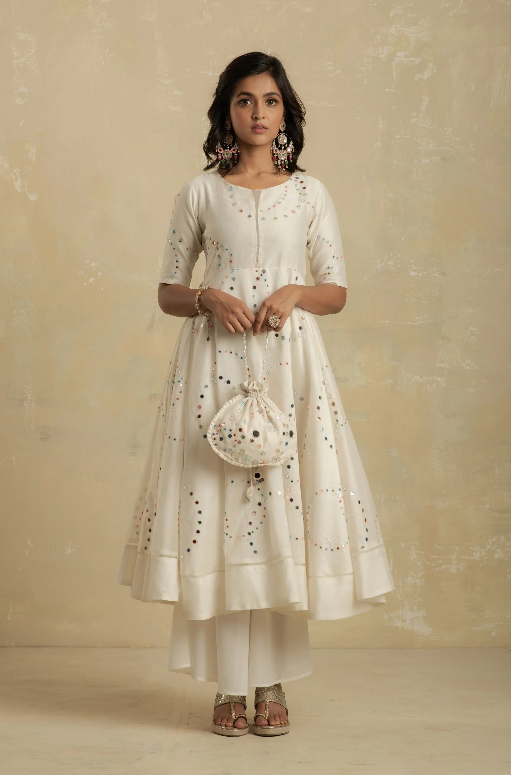 Pearl White Flared Anarkali - Set of 3