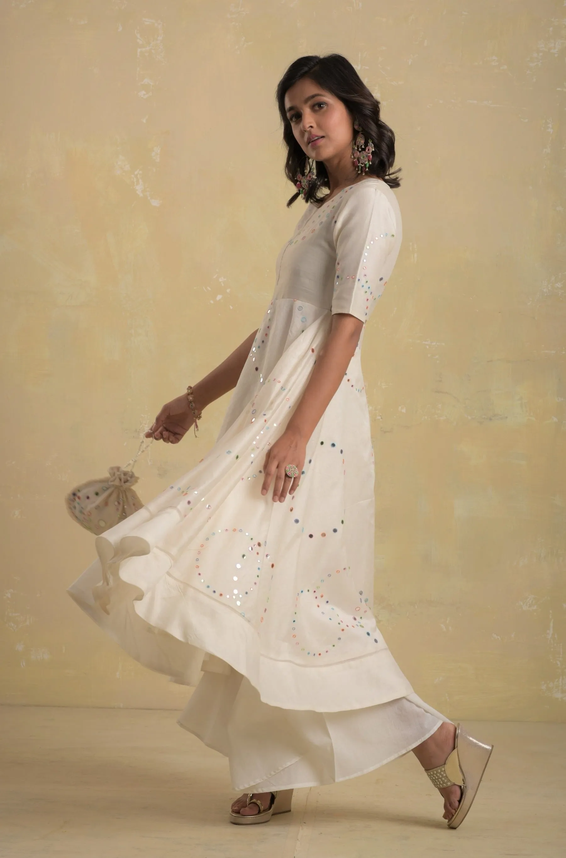 Pearl White Flared Anarkali - Set of 3