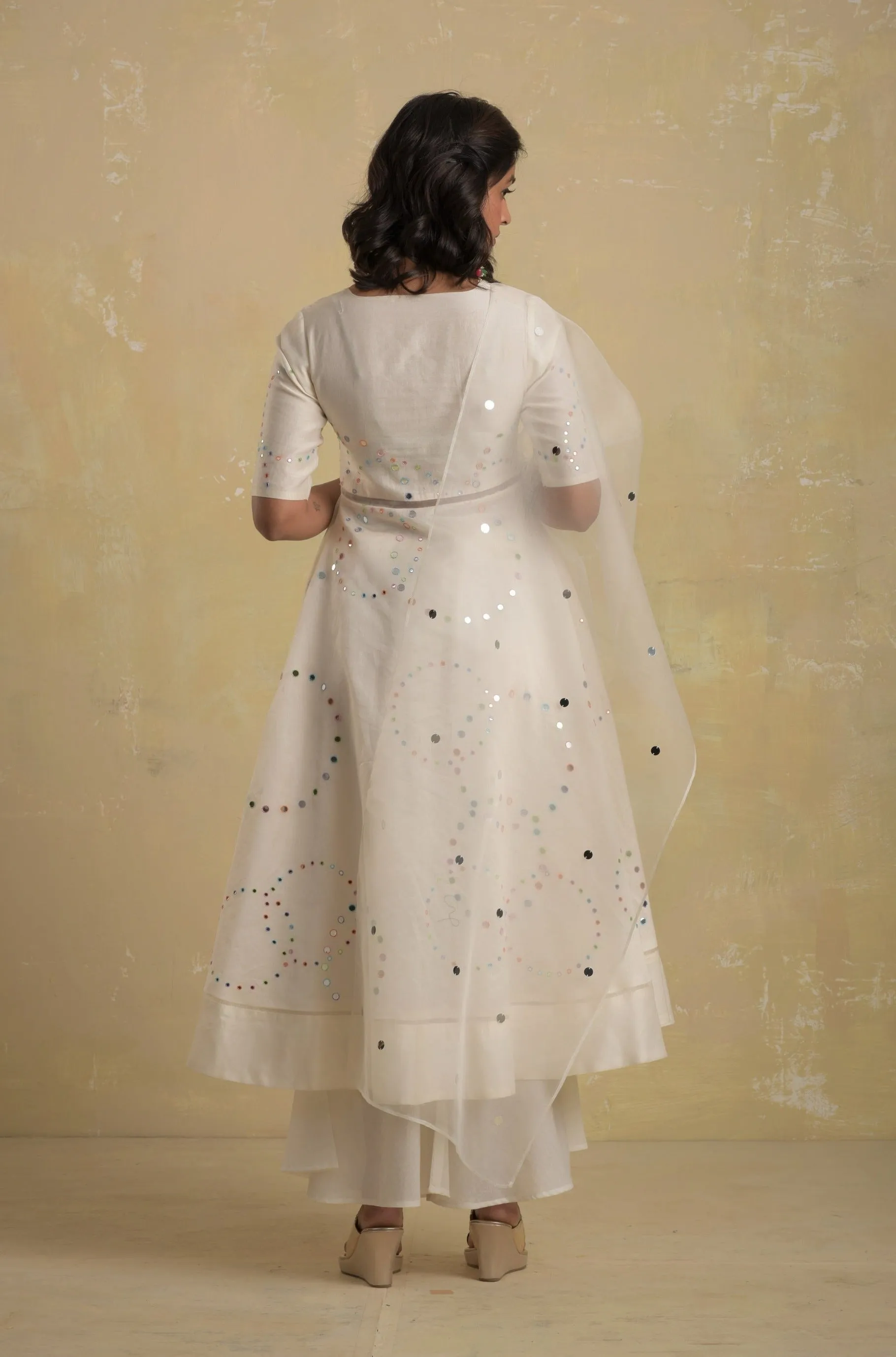 Pearl White Flared Anarkali - Set of 3