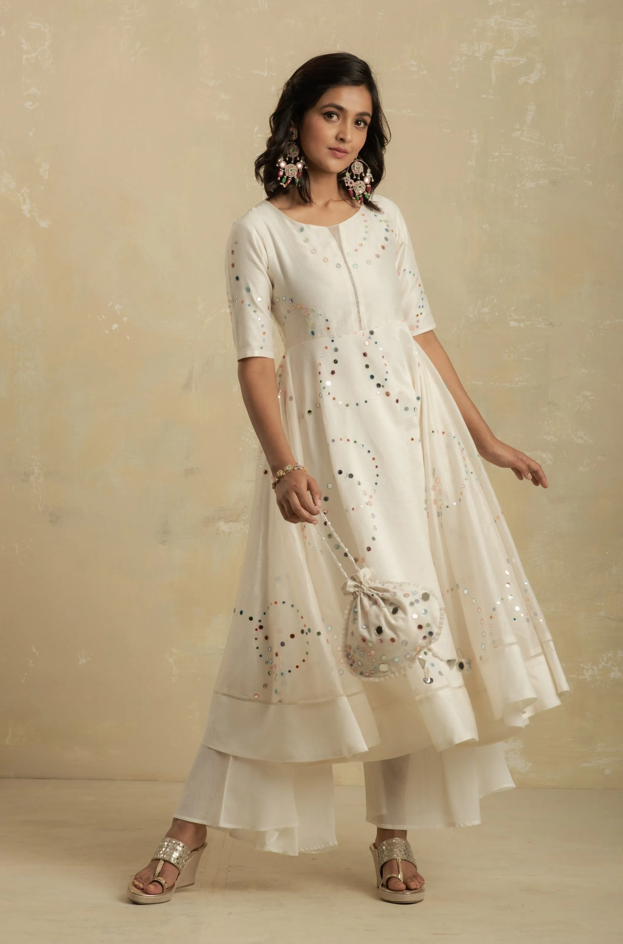 Pearl White Flared Anarkali - Set of 3