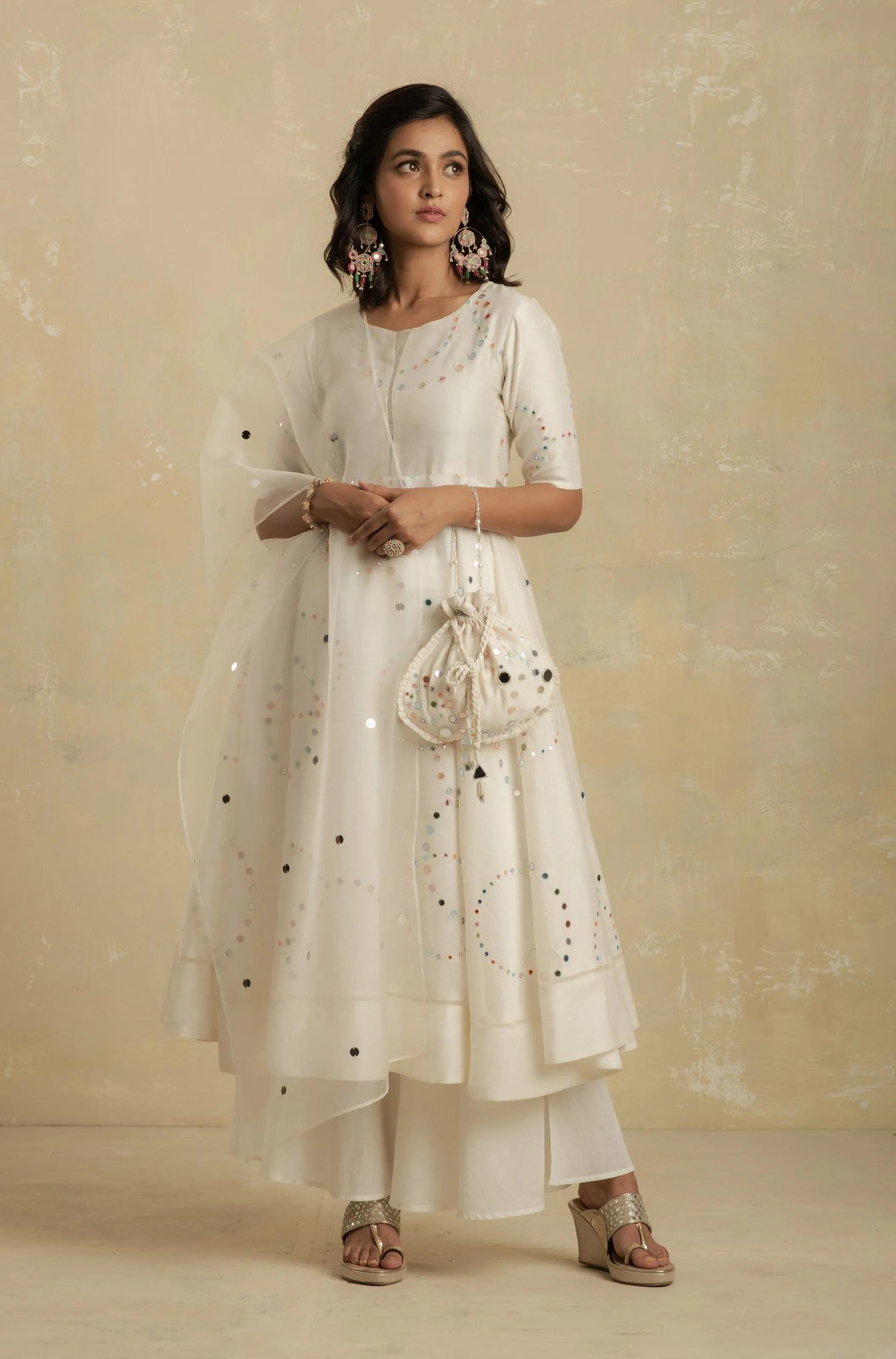 Pearl White Flared Anarkali - Set of 3
