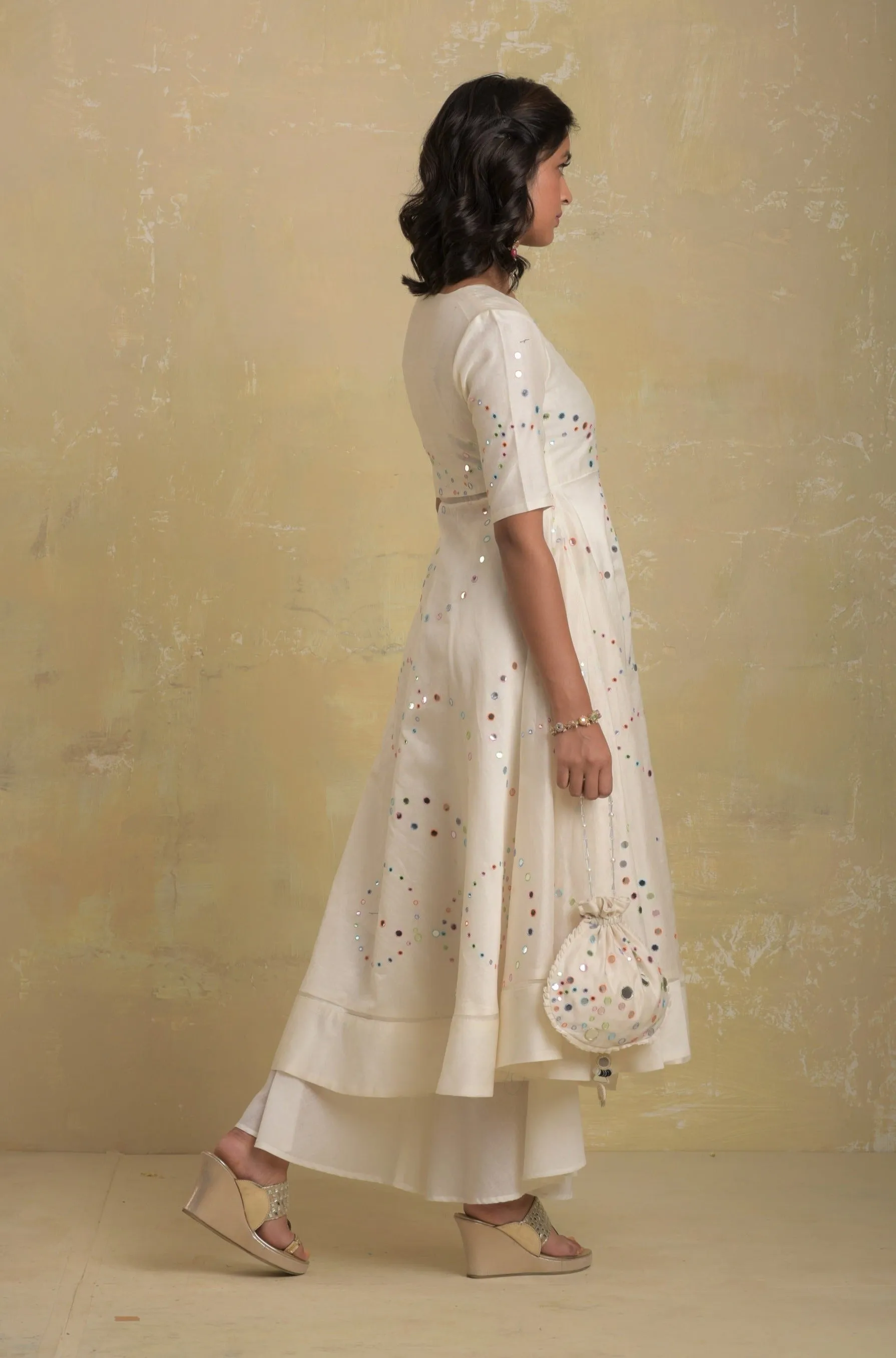 Pearl White Flared Anarkali - Set of 3