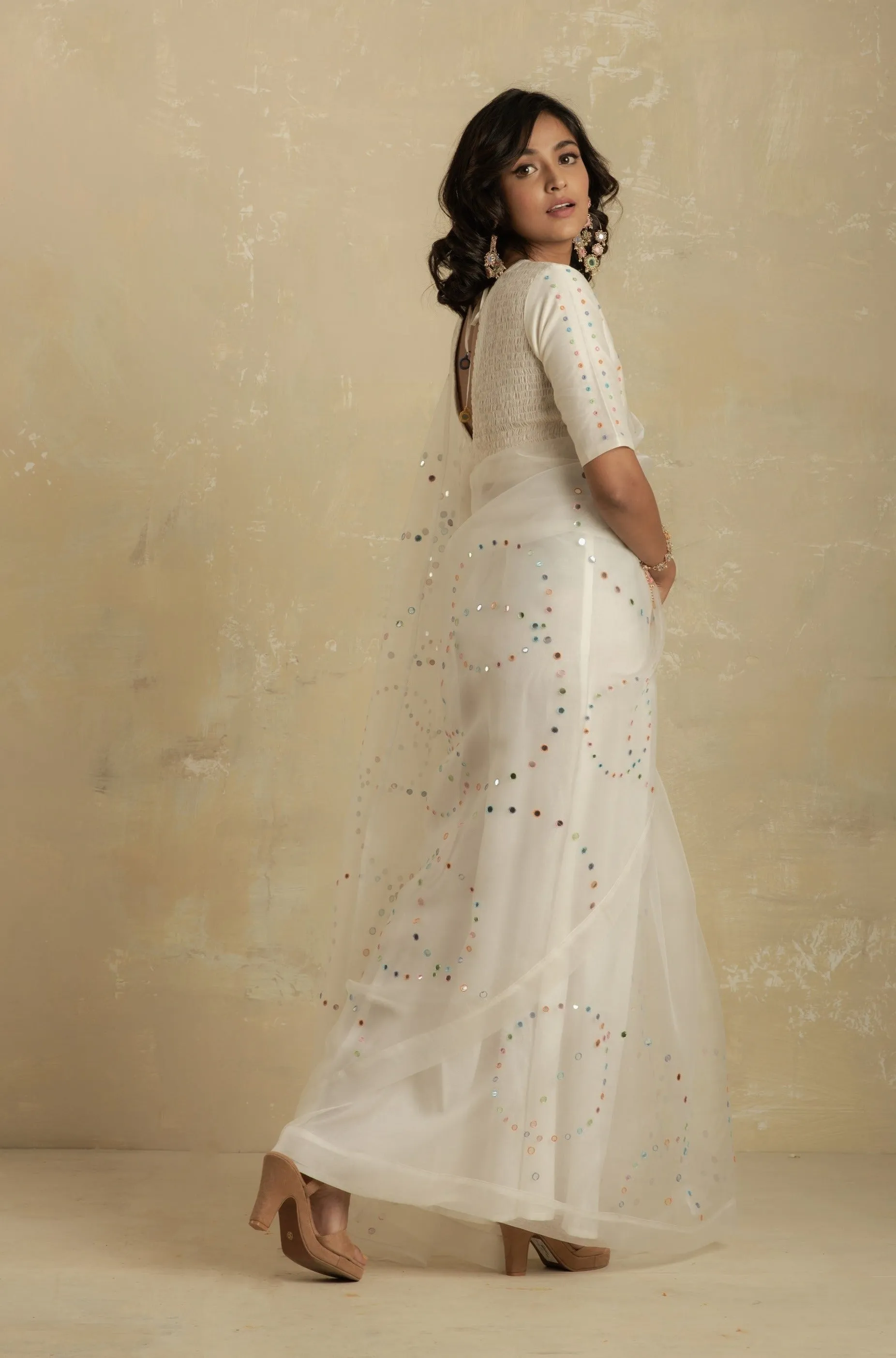 Pearl White Organza Saree (Blouse optional)