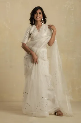Pearl White Organza Saree (Blouse optional)
