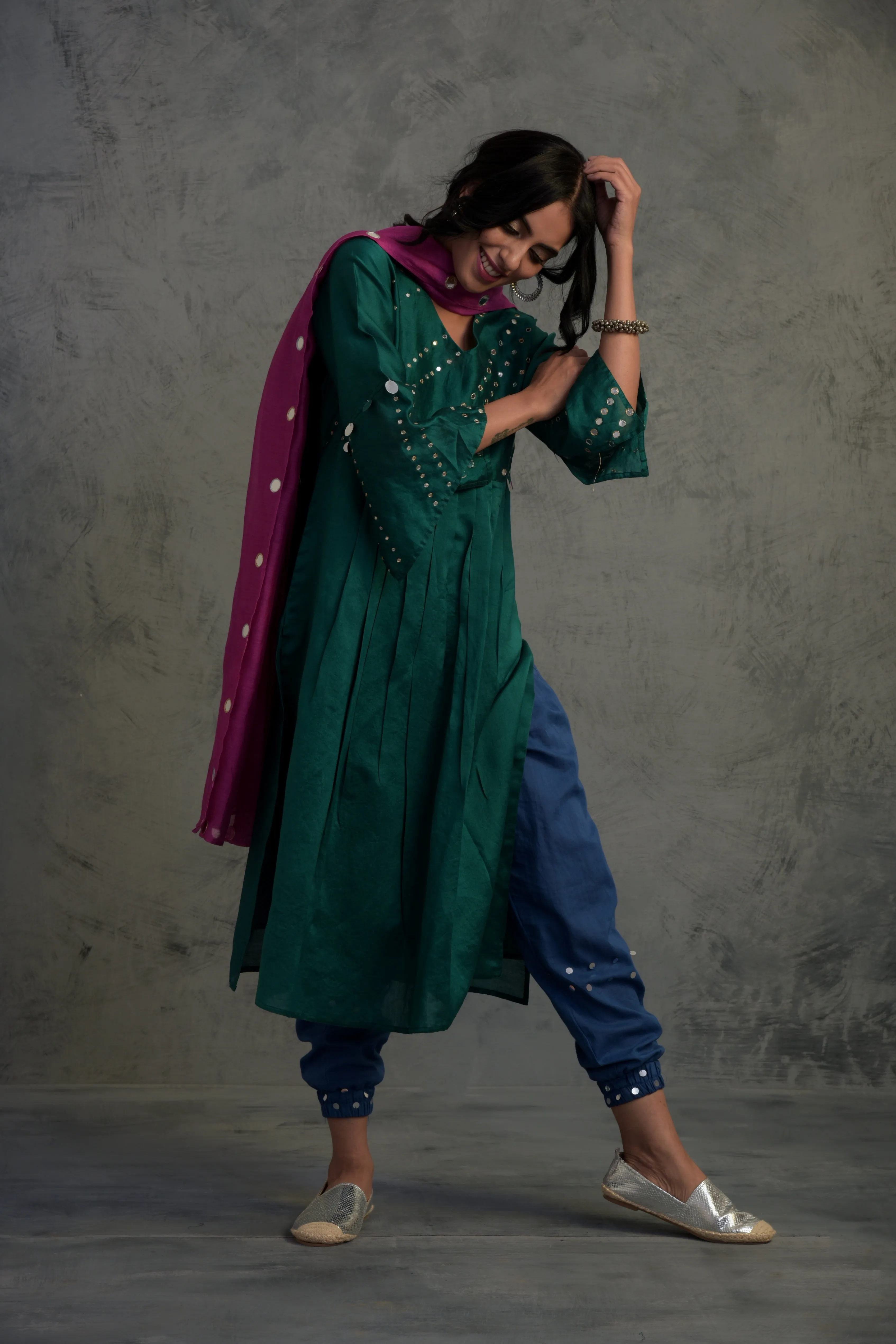 Pop Green Chanderi Kurta Set with Jogger