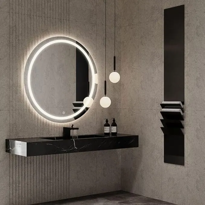Round Modern Glass Led Mirror with Touch Sensor | Bathroom Mirror with Led Lights | Wall Mirror for Home Mirror Bedroom Washbasin 3 LED Lights (Warm,White,Natural White) Size 24x24 Inch.