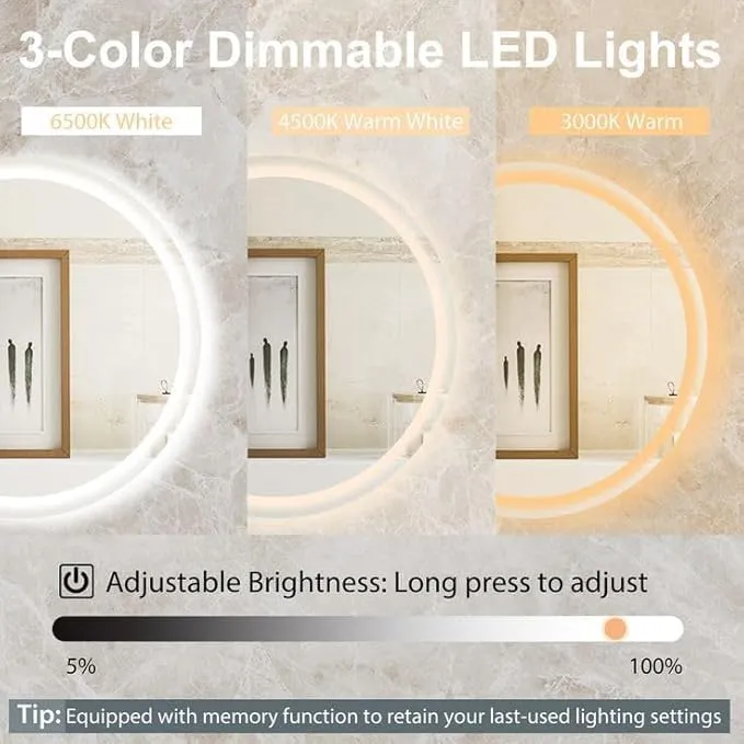 Round Modern Glass Led Mirror with Touch Sensor | Bathroom Mirror with Led Lights | Wall Mirror for Home Mirror Bedroom Washbasin 3 LED Lights (Warm,White,Natural White) Size 24x24 Inch.
