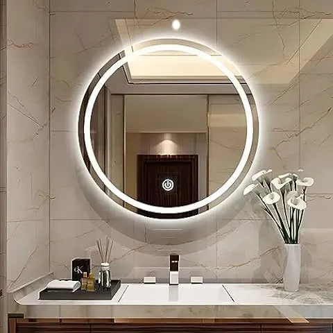 Round Modern Glass Led Mirror with Touch Sensor | Bathroom Mirror with Led Lights | Wall Mirror for Home Mirror Bedroom Washbasin 3 LED Lights (Warm,White,Natural White) Size 24x24 Inch.