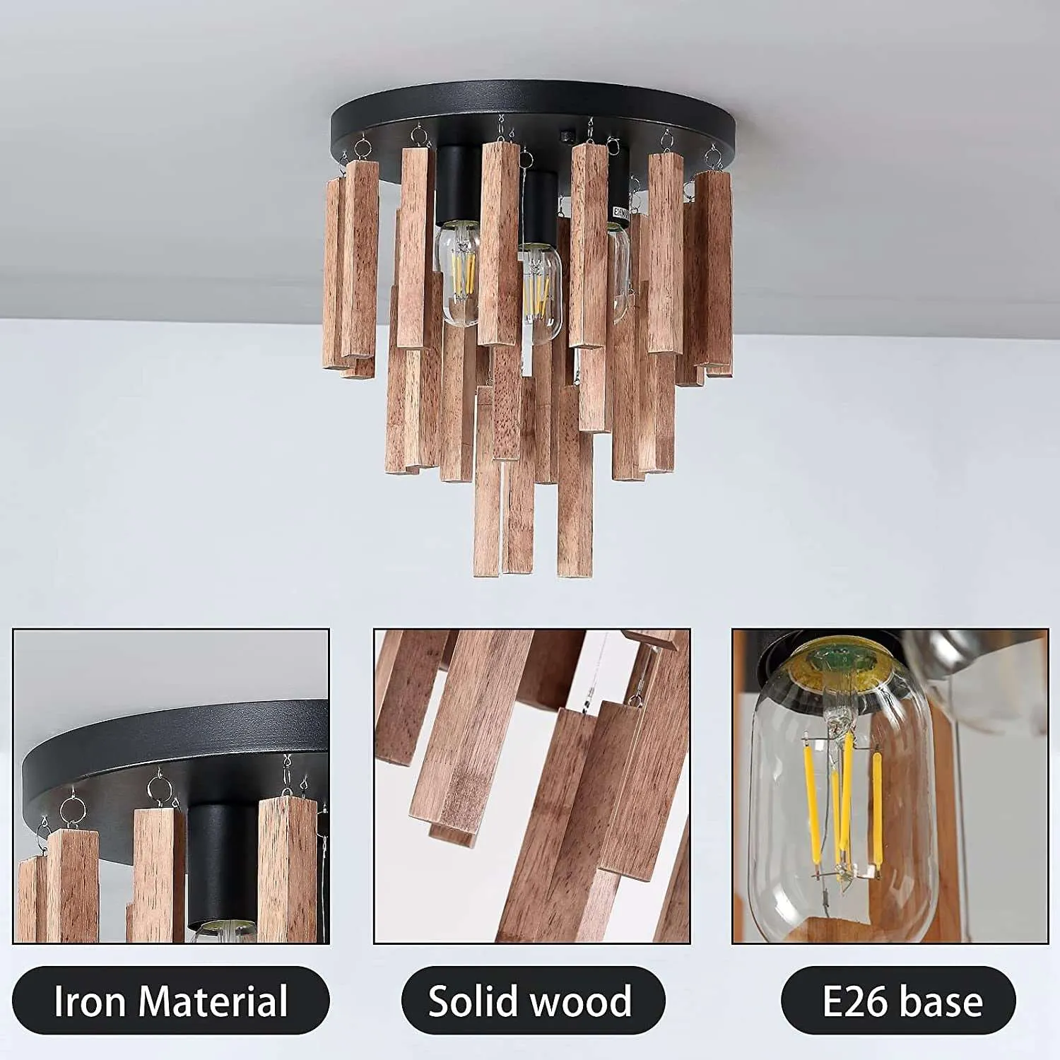 Rustic 3-Light Semi Flush Mount Ceiling Fixture