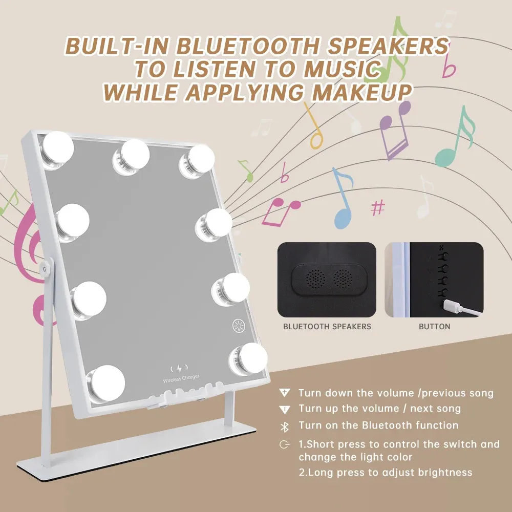 Tabletop Vanity Mirror with Bluetooth, Wireless Charging, and Dimmable LED Bulbs