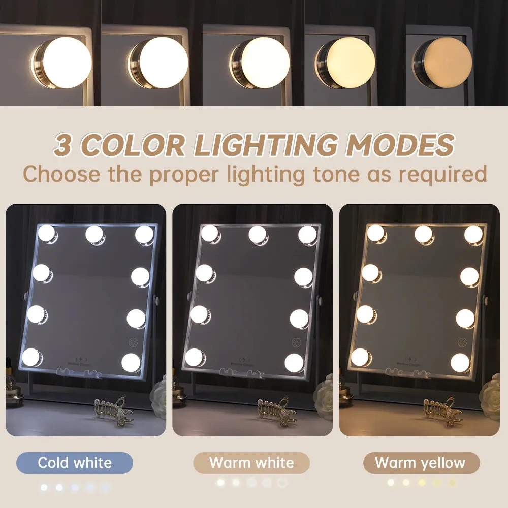 Tabletop Vanity Mirror with Bluetooth, Wireless Charging, and Dimmable LED Bulbs