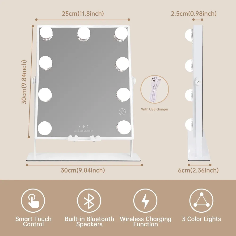 Tabletop Vanity Mirror with Bluetooth, Wireless Charging, and Dimmable LED Bulbs
