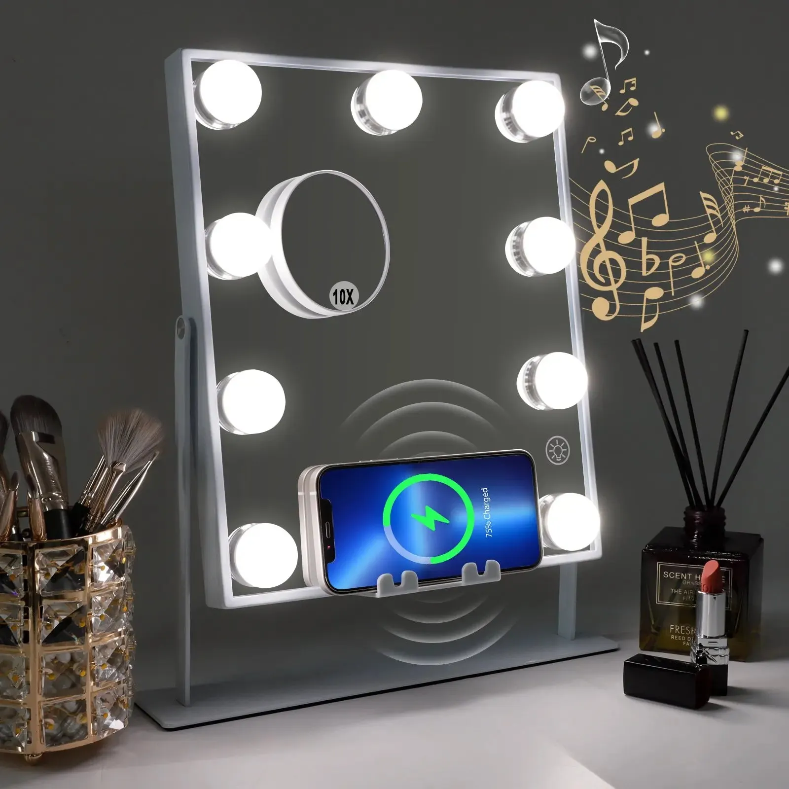 Tabletop Vanity Mirror with Bluetooth, Wireless Charging, and Dimmable LED Bulbs