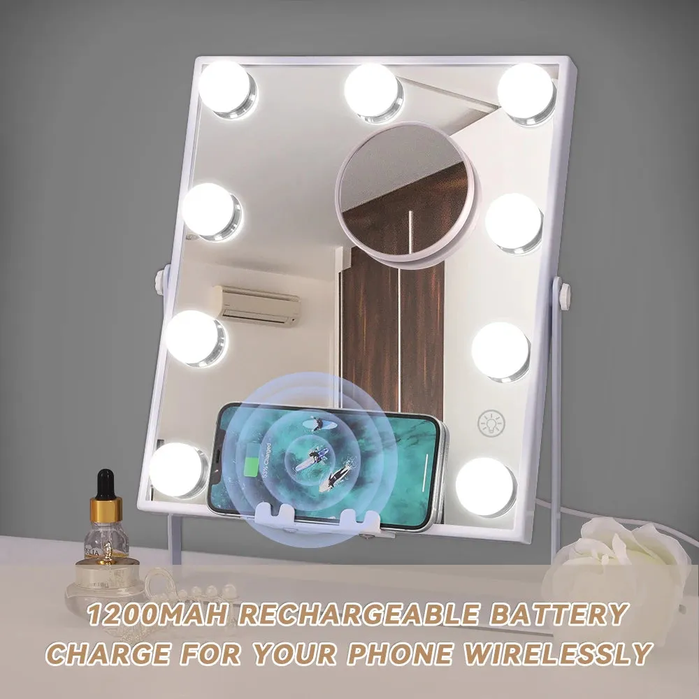 Tabletop Vanity Mirror with Bluetooth, Wireless Charging, and Dimmable LED Bulbs