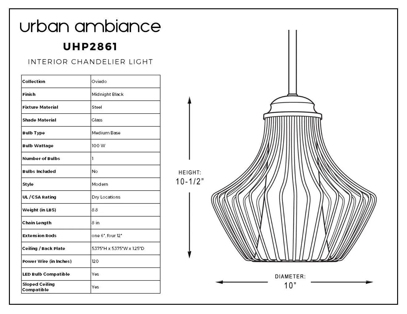 UHP2861 Modern Pendant Light, 10-1/2" x 10", Midnight Black Finish, Oviedo Collection