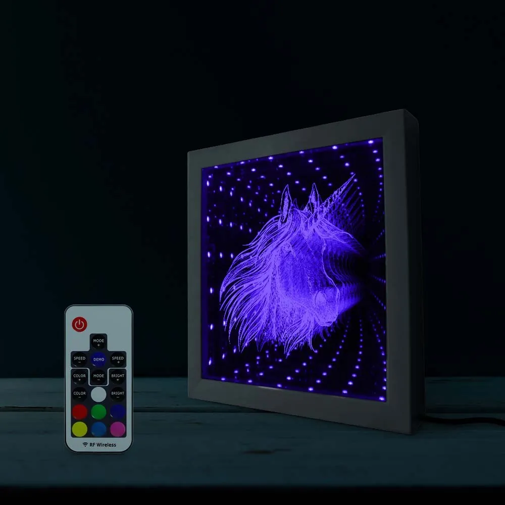 Unicorn Face LED Infinity Mirror LED Vortex Tunnel Interstellar Mirror Frame Magical Horse Horn Tunnel Vision Light Wood Frame