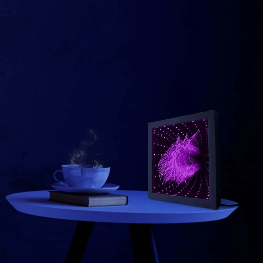 Unicorn Face LED Infinity Mirror LED Vortex Tunnel Interstellar Mirror Frame Magical Horse Horn Tunnel Vision Light Wood Frame