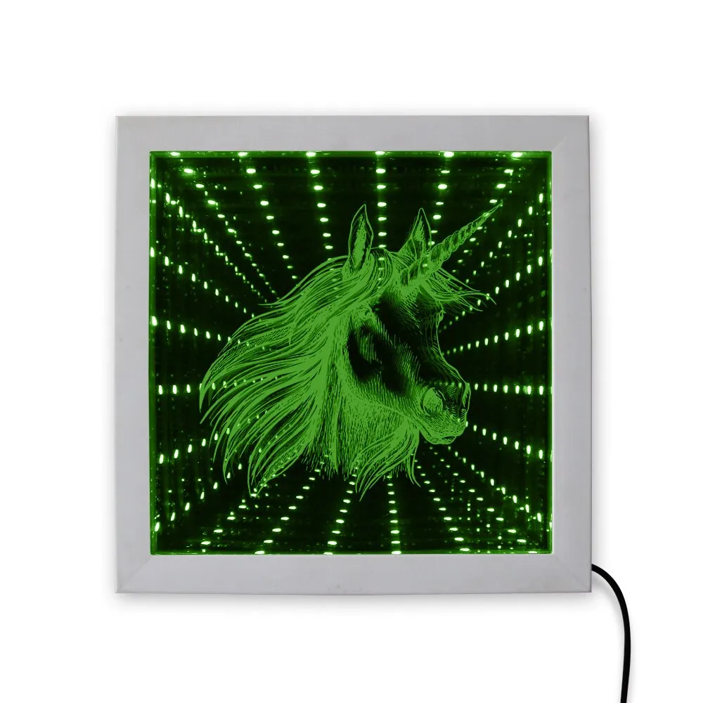 Unicorn Face LED Infinity Mirror LED Vortex Tunnel Interstellar Mirror Frame Magical Horse Horn Tunnel Vision Light Wood Frame