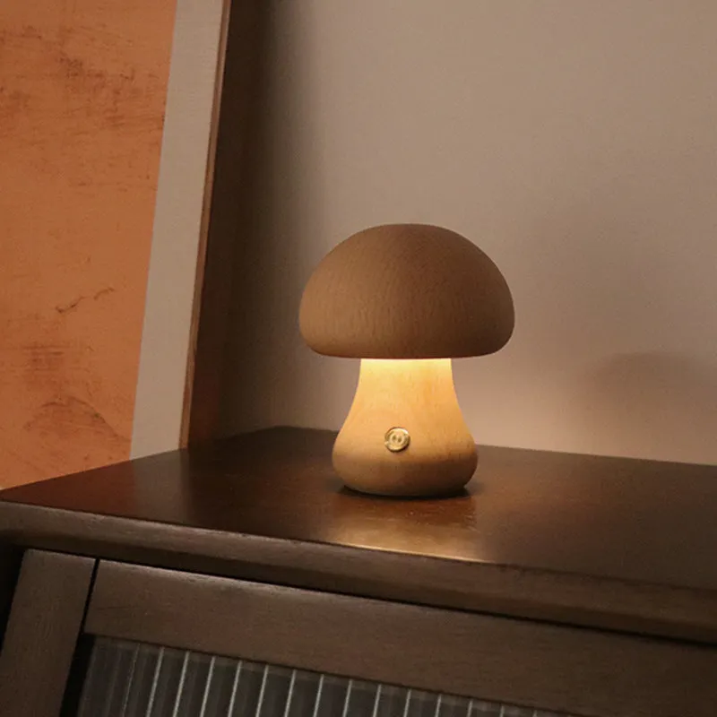 Wooden Mushroom LED Night Light | Touch Bedside Lamp for Kids & Bedroom
