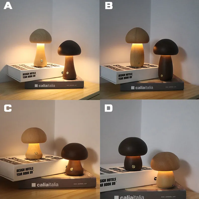Wooden Mushroom LED Night Light | Touch Bedside Lamp for Kids & Bedroom