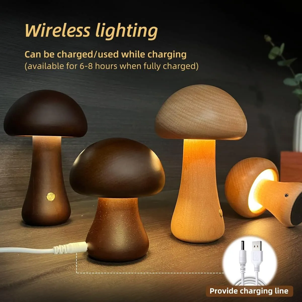 Wooden Mushroom LED Night Light | Touch Bedside Lamp for Kids & Bedroom
