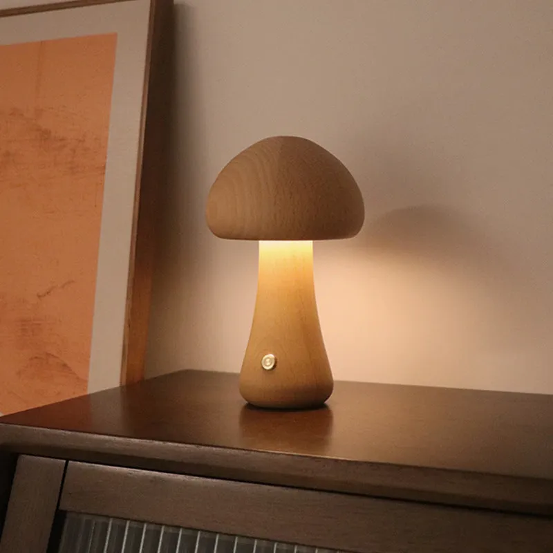 Wooden Mushroom LED Night Light | Touch Bedside Lamp for Kids & Bedroom
