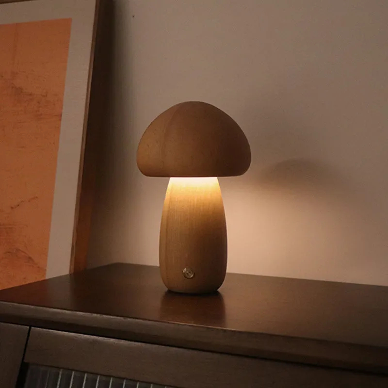 Wooden Mushroom LED Night Light | Touch Bedside Lamp for Kids & Bedroom