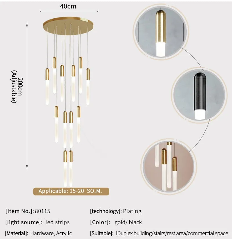 YLK Stick - LED Chandelier For Staircase Gold/Black Long Modern Luxury lamp
